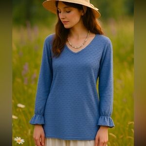 Vintage Chenille Dot Textured Long Sleeve Top Blue Ruffle Cuff Large Made in USA